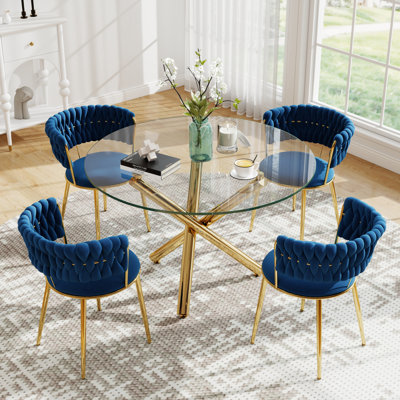 Ensemble de salle à manger sur pied moderne en verre trempé avec chaise de salle à manger en velours Weaven