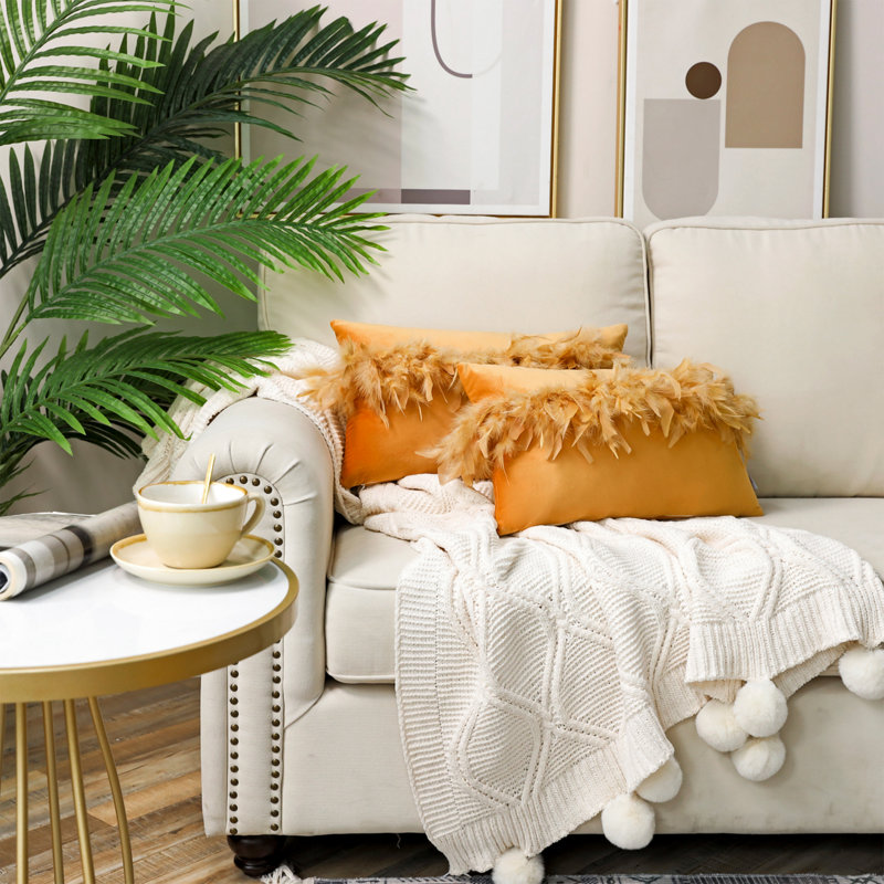 Coussin lombaire en plumes avec insert, Orange, Housse de coussin et insert
