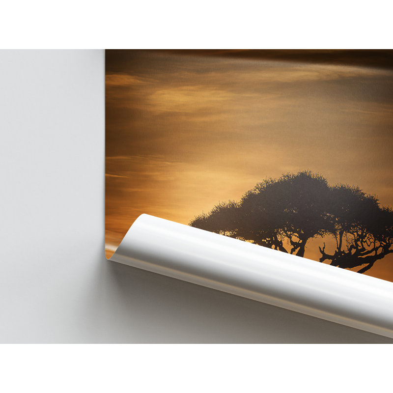 Art mural sur toile Serengeti Sunrise 3D - Paysage africain avec un arbre majestueux, H 110 cm x l 80 cm, Cadre flottant noir