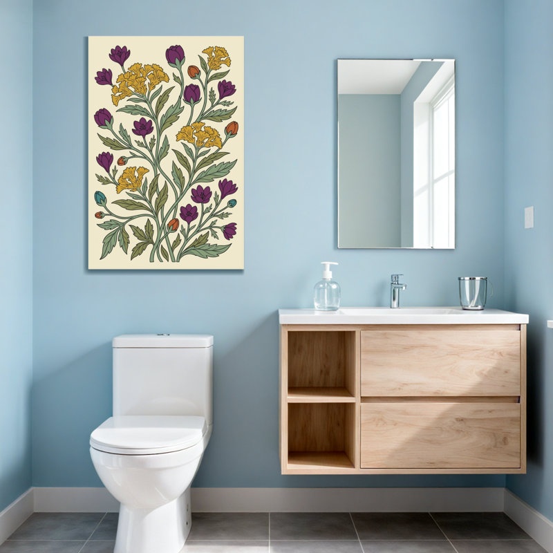 Motif floral de plantes et de fleurs avec des fleurs mauves et jaunes, H 18 po x l 12 po