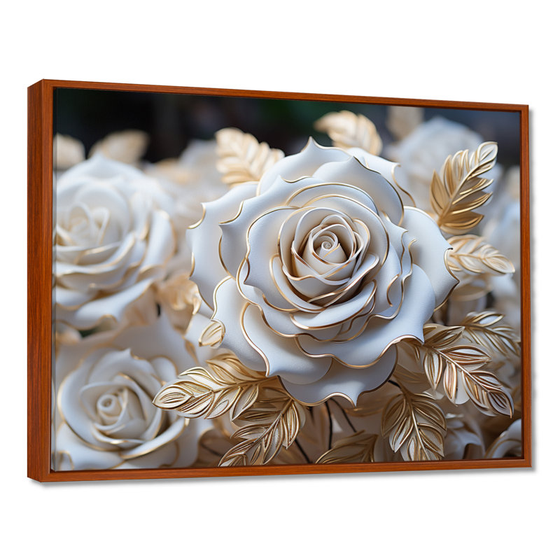 «White and Gold Rose Passion - Roses», reproduction sur toile encadrée, H 34 po x l 44 po x P 1,5 po, Brown Floater Framed