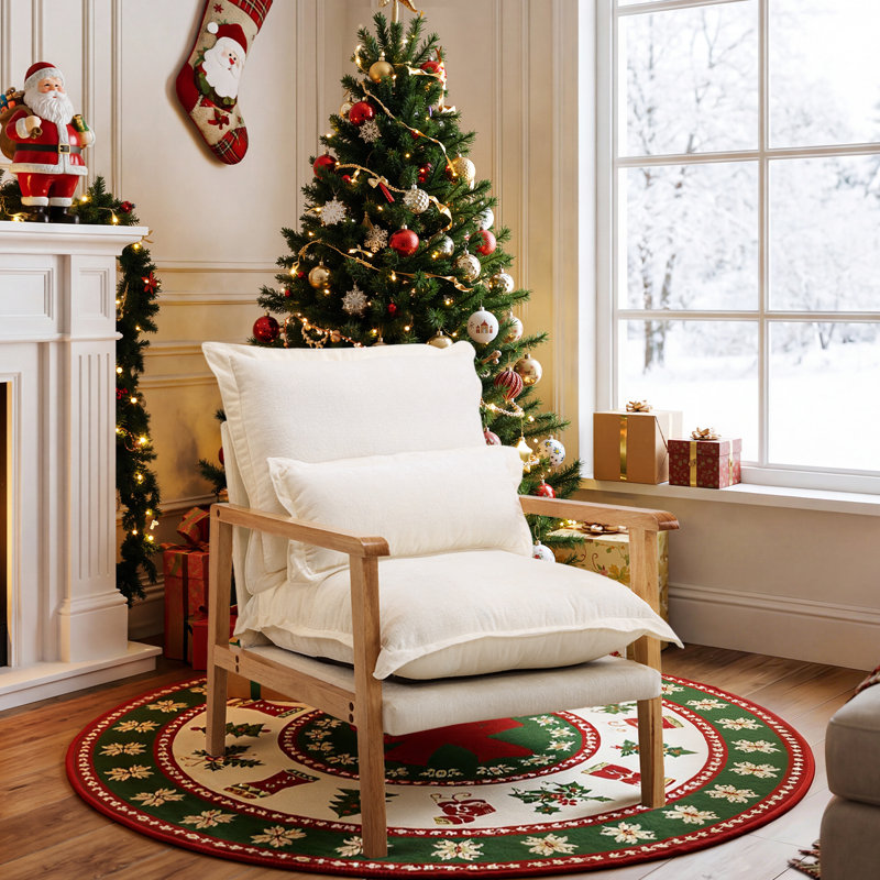 Chenille Accent Chair Armchair With Pillow, Beige, Natural Wood