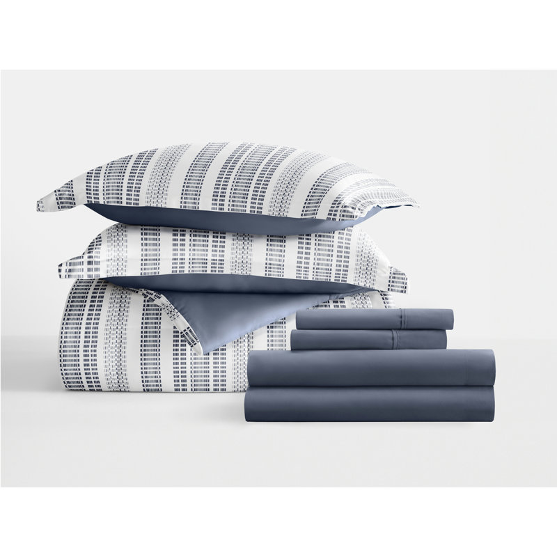 Full Navy Striped Microfiber Down Alternative Bed in a Bag Set