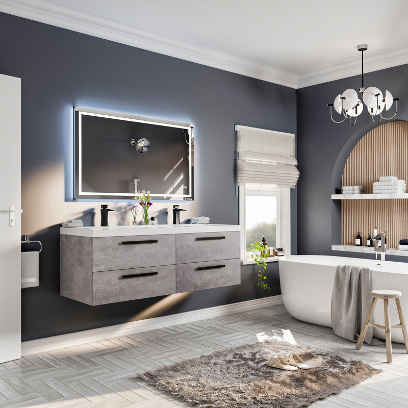 Zakis 57" Wall-Mounted Double Bathroom Vanity Set, Cement Gray