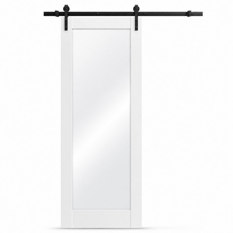 Porte de grange robuste Lucia 1299 Blanc Soie, rail de 2 m (6,6 pi), quincaillerie lourde, portes intérieures modernes à panneaux pleins - 76 cm x 203 cm (30 po x 80 po) - Miroir - Rail noir
