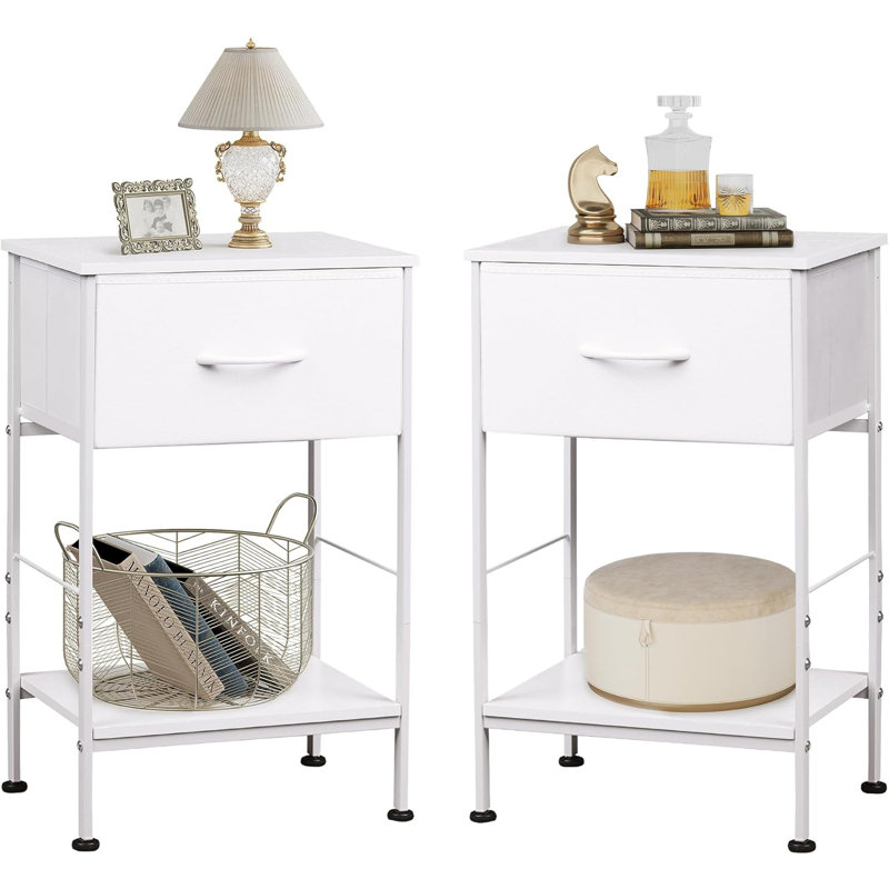Charcoal Black Metal Nightstand Set with Fabric Drawer and Wood Shelf