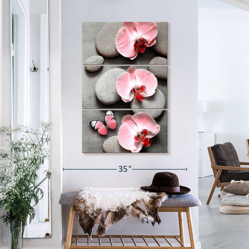Harnek Zen Pink Orchids And Butterfly, 38" H x 24" W