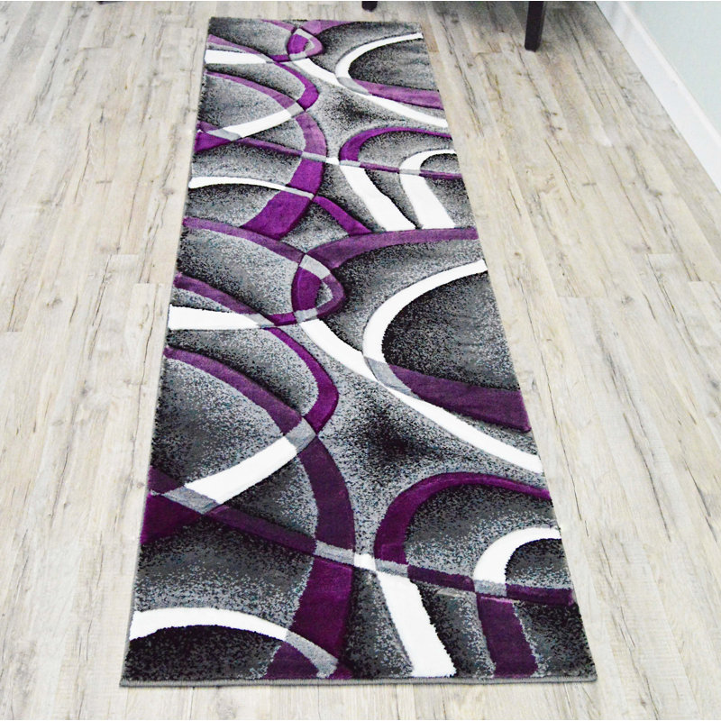 Tapis abstrait McCampbell, Tapis de couloir 2 pi 2 po x 7 pi 4 po, Mauve / Gris / Blanc