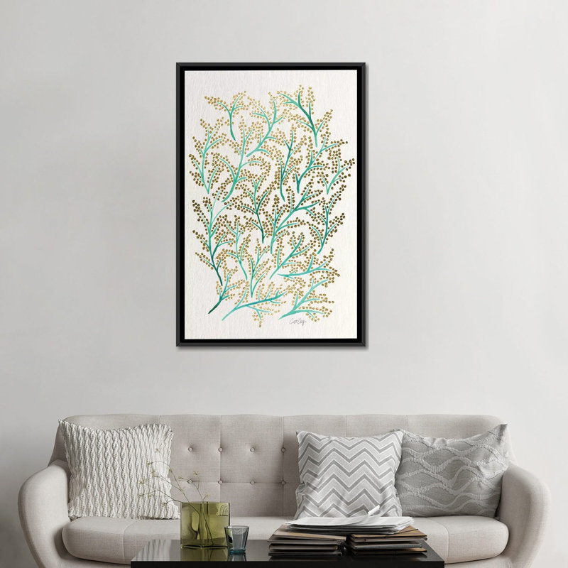 « green gold branches », impression sur toile tendue, H 26 po x l 18 po x P 1,5 po, Toile avec cadre noir, Pas de tapis