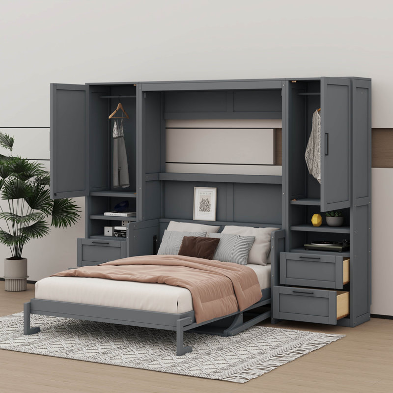 Lit escamotable Murphy avec placard, tiroirs et tablettes, gris, Double