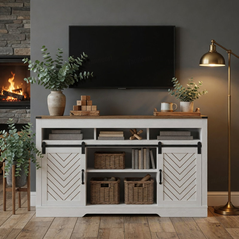 Meuble télé 65 po avec portes de grange coulissantes et rangement Farmhouse