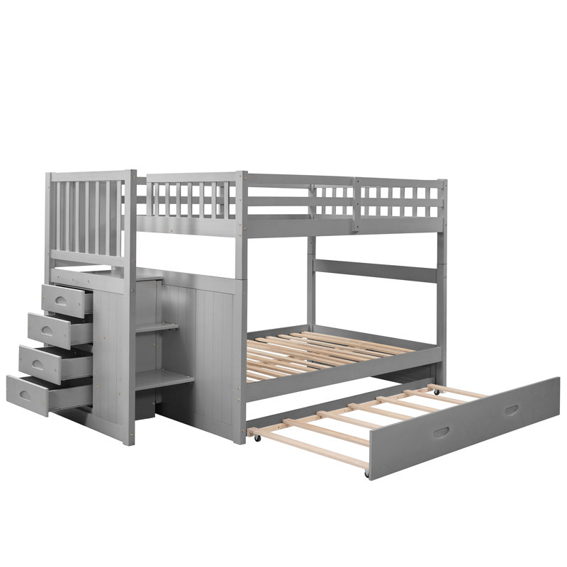 Lit superposé double gris avec lit gigogne simple, solution de rangement à 4 tiroirs, escalier sécuritaire, garde-corps de longueur, finition sans sommier, tiroirs intégrés, rangement pour escalier fonctionnel, solide