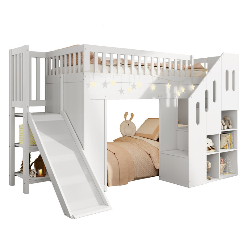 Wooden Mid Loft Bed with Slide Storage Stairs and LED Single Size Solid Pine and MDF 1-Piece Children's Bed White - Magic Castle Design with Corner Stairs