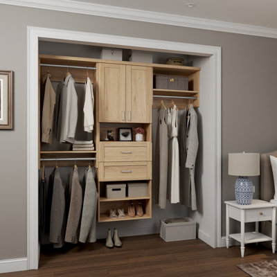 Natural Oak 58.5" Wall-Mounted Single Wall Closet System with 3 Sections, Shaker Doors, 3 Clothing Rods, 7 Shelves & 2 Shaker Drawers