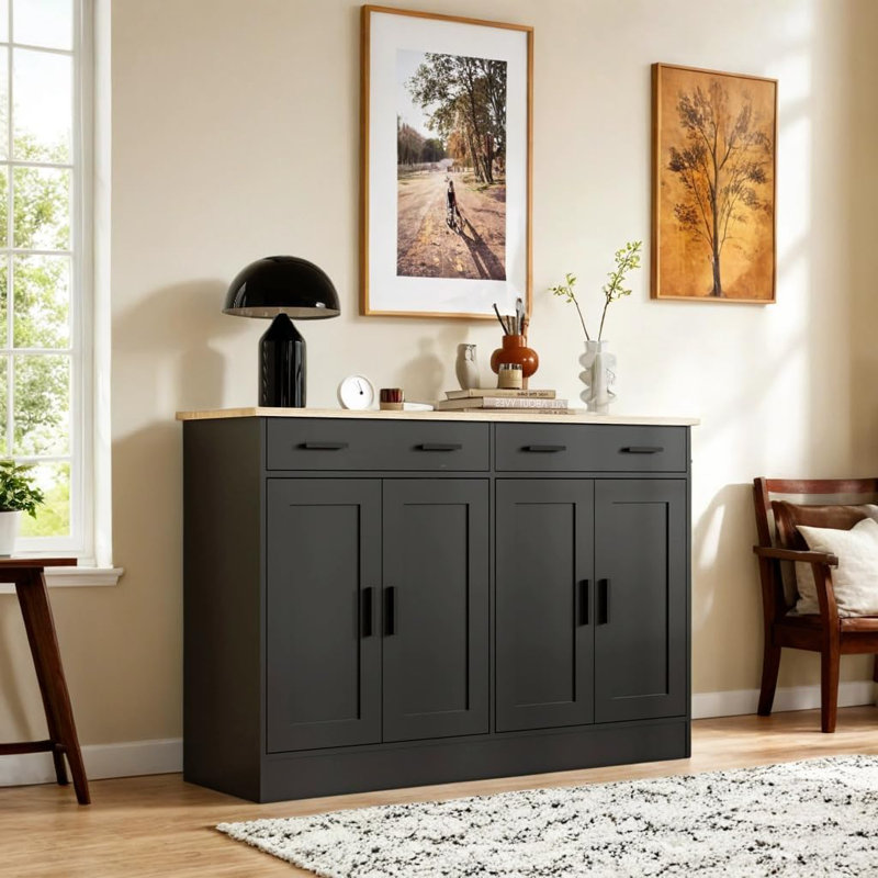Buffet Cabinet, Coffee Bar Cabinet With 2 Drawers & 4 Doors, Kitchen Buffet Sideboard For Living Room, Kitchen, Black