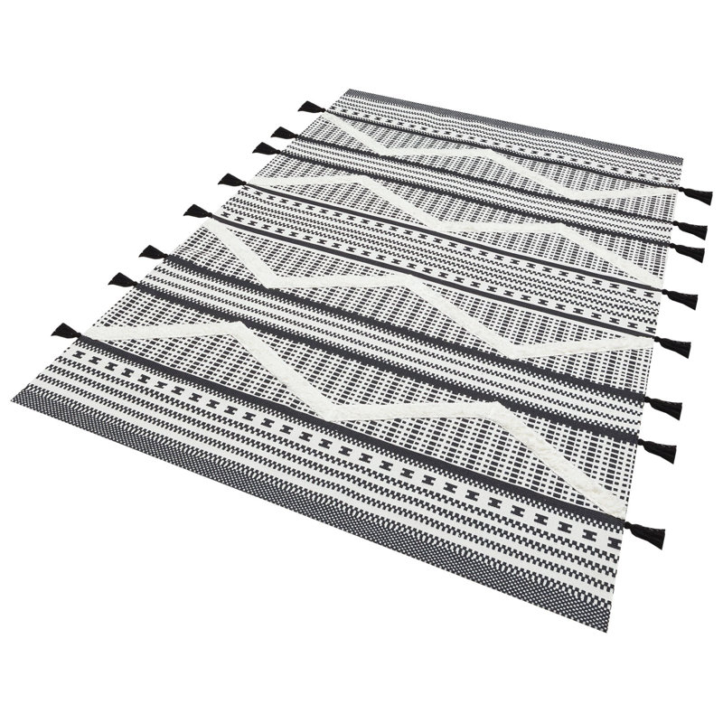 Rustic Black and White Fringed Authentic and Ethnic Pattern Flatweave Rug, Rectangle 3'11.24" x 5'10.87"