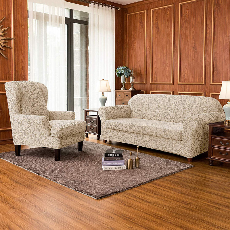 Housse pour canapé Stretch Damask, Mélange de polyester beige, H 41 po x l 92 po x P 42 po