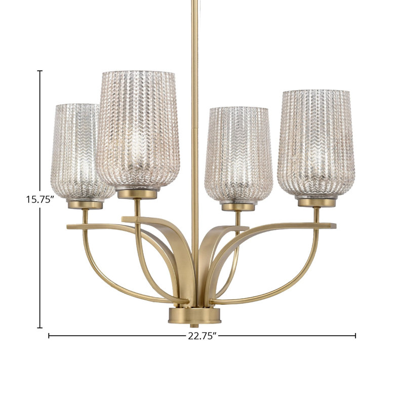 Lustre 4 lumières verticales Unia présenté en finition New Age avec verre texturé argenté de 5 po