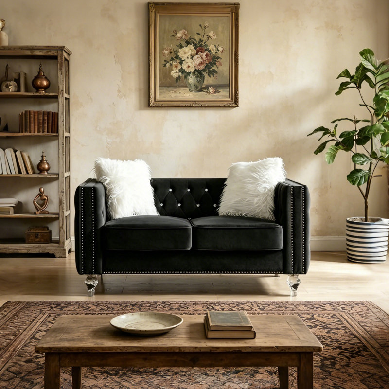 Causeuse rembourrée 60 po en velours avec 2 coussins décoratifs 60 po, Noir, noir, noir, noir