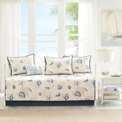 Literie pour 6 lits de jour, imprimé réversible bleu, taille de matelas simple, housse de 17 po, 15 po, 3 taies décoratives, 1 coussin décoratif, décoration de salon Coastal Touch, collection de housse lavable à la machine, microfibre