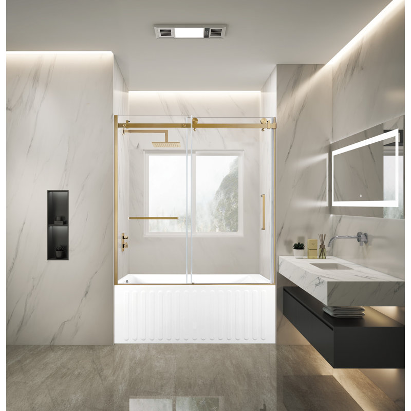 Kingston Brass 60-Inch Acrylic Rectangular 3-Wall Alcove Tub With Tub Door, Hand Drain, Brushed Brass, Left