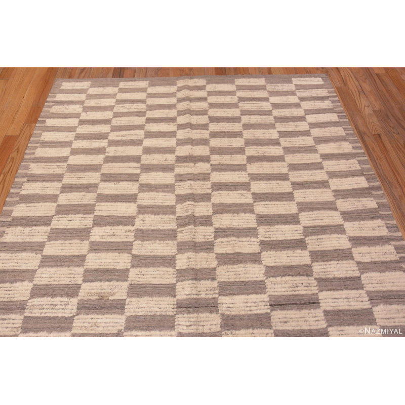 Tapis unique à motif damier moderne gris / ivoire