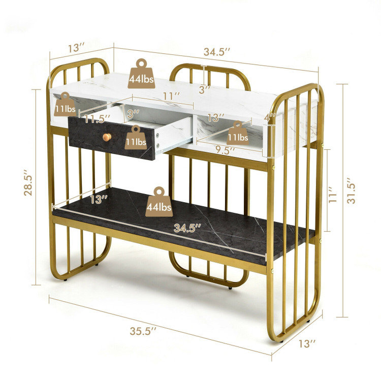 White Faux Marble and Gold Metal Console Table with Storage