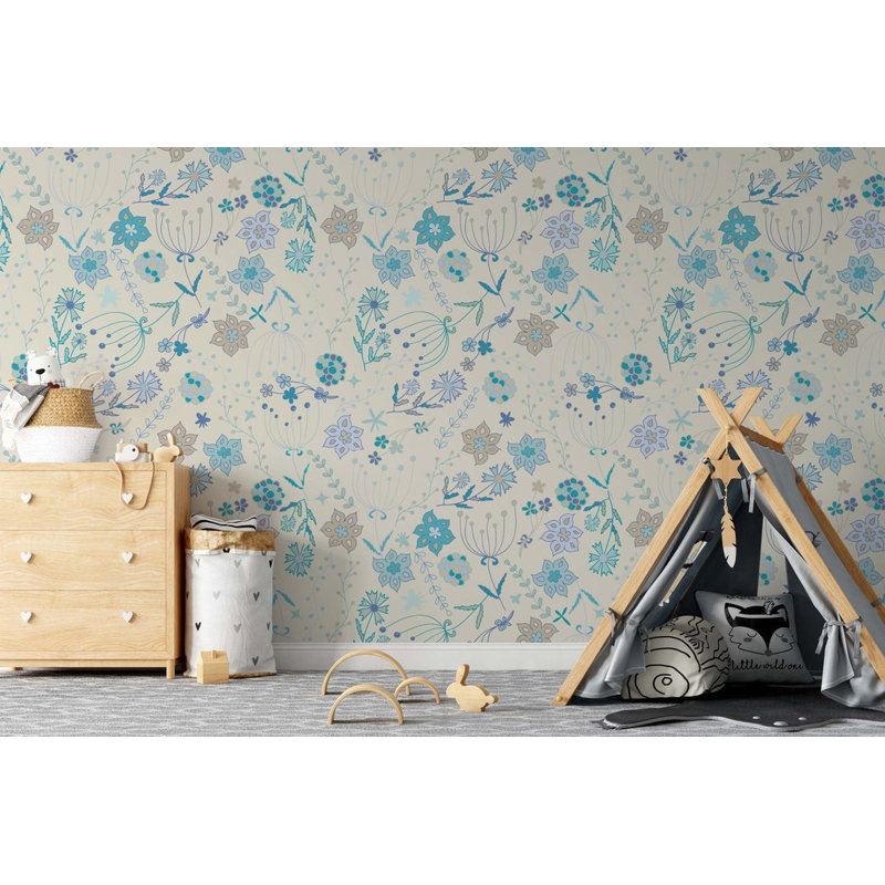 Papier peint amovible fleurs rose et bleu, L 48,96 po x l 75 po, Rose
