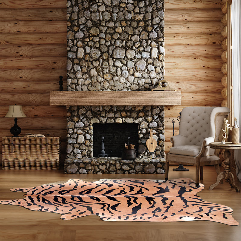 Tapis en cuir de vache imprimé sur mesure beige, Nouveauté 5 pi 8 po x 6 pi 7 po