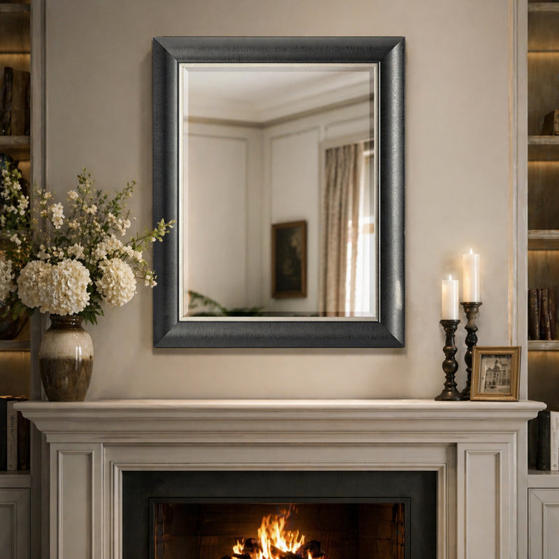 28x34 Black with Silver Pewter Beveled Wall Mirror with Wide Frame for Bathroom Vanity, Entryway, Hallway, Living Room