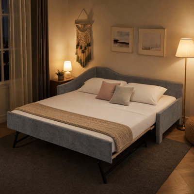 Lit de jour simple 80 po L gris avec lit gigogne escamotable et port USB, garniture cloutée pour chambre d'amis, petits espaces