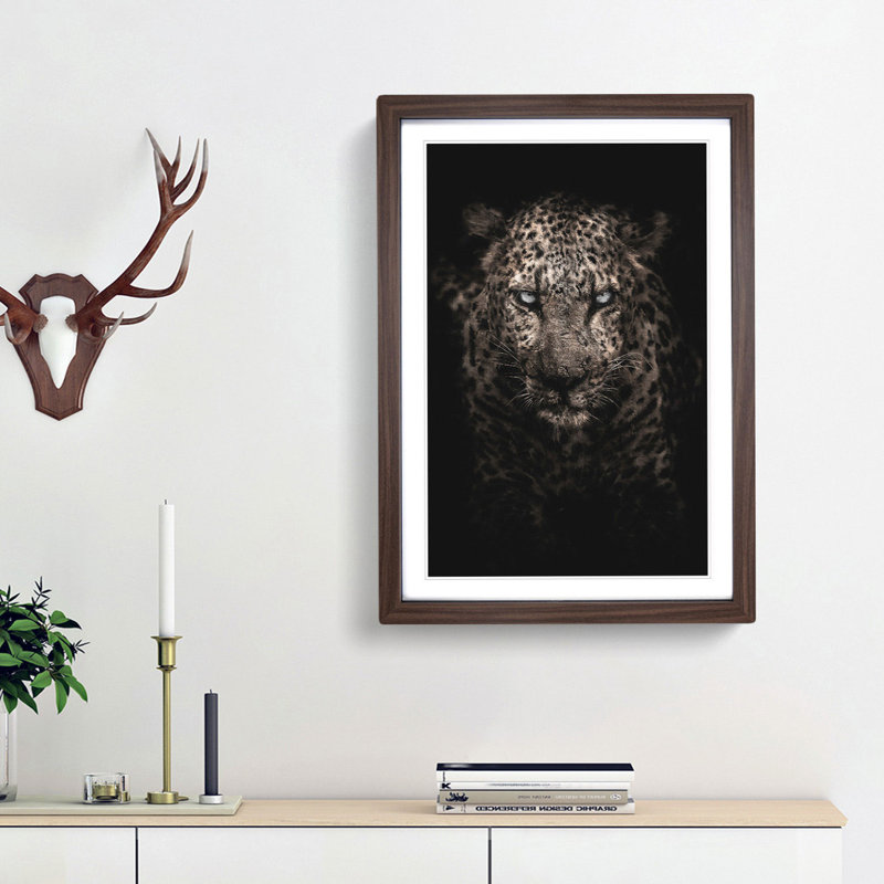 Leopard in the Dark - Picture Frame Graphic Art Print, 63cm H x 45cm W x 2cm D, Walnut Framed