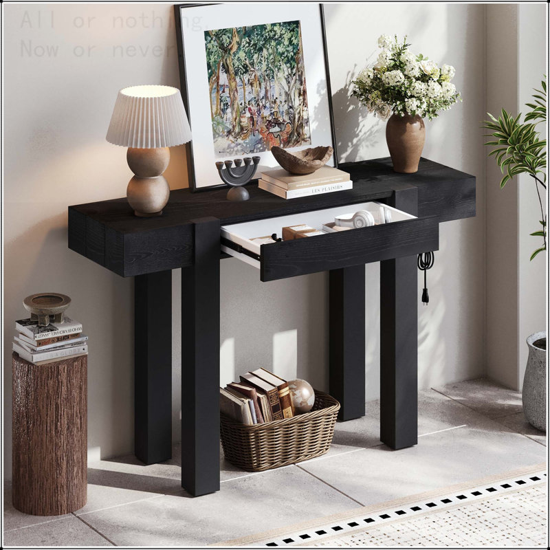 Console rustique minimaliste avec tiroir caché et prise de courant latérale, Noir