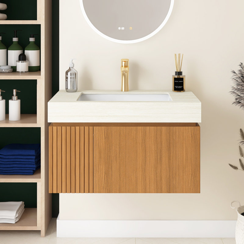 30" Bathroom Vanity With Sink, Wall-Mounted Plywood Bathroom Storage Cabinet With Drawer & Door, Beige, Brown