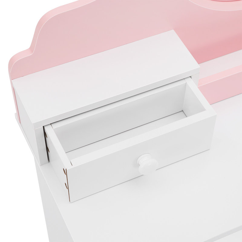 2 In 1 Toddler Vanity Table And Chair Set With Adjustable Light, Pink&white Makeup Vanity With 2 Drawer For Girls