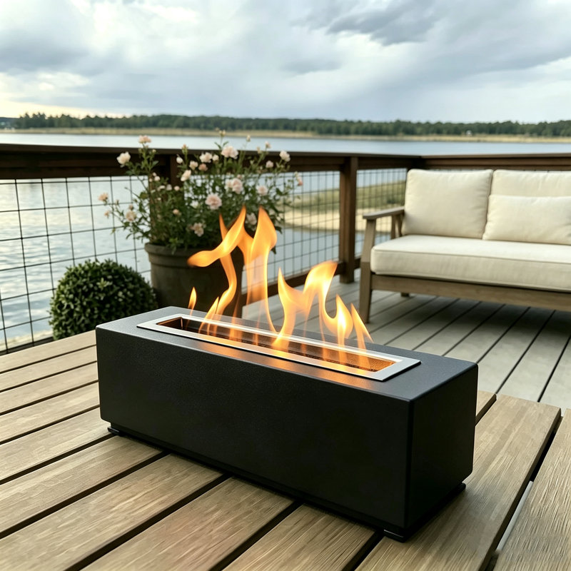 14.7" Rectangular Concrete Clean-Burning Wax  Indoor & Outdoor Tabletop Fireplace Black, Black