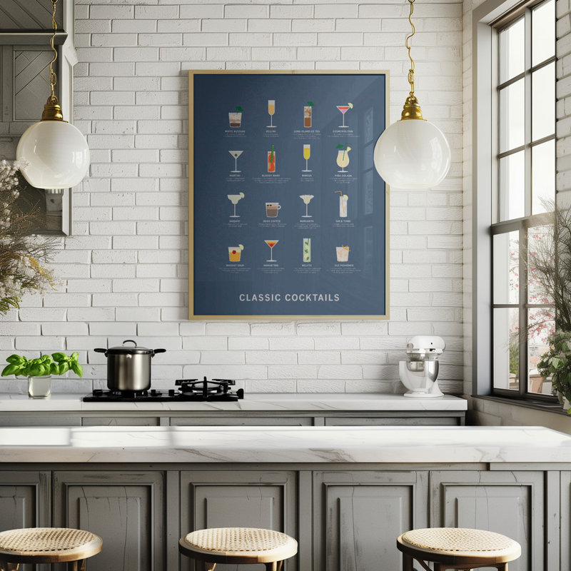"Classic Coctails affiche bleu", art mural texturé encadré, Noir, H 14 po x l 10 po