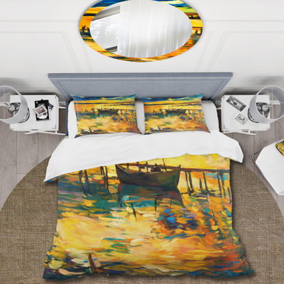«Boat Pendant Evening Glow At The Lake VI» - Ensemble de housse de couette nautique et côtier - Polyester en microfibre