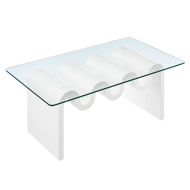 Ondine White Glass and Wood Wave Coffee Table
