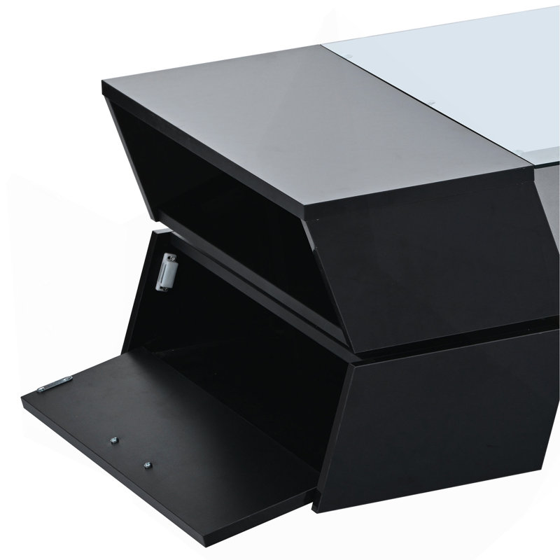 Table basse à plateau en verre de 6 mm avec tablettes ouvertes et armoires, Noir