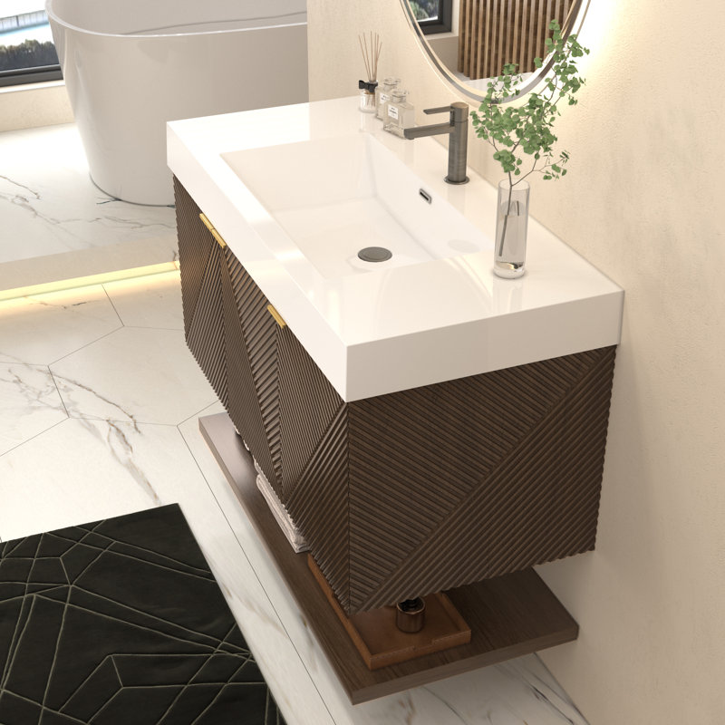 Moreno Stella 42 Inches Wall Mounted Vanity Set With Doors And Inside Drawer, Chestnut Brown