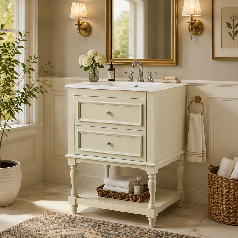Meuble-lavabo rétro de 61 cm (24 pouces) avec lavabo en céramique, tablette ouverte et 2 tiroirs pour un rangement élégant