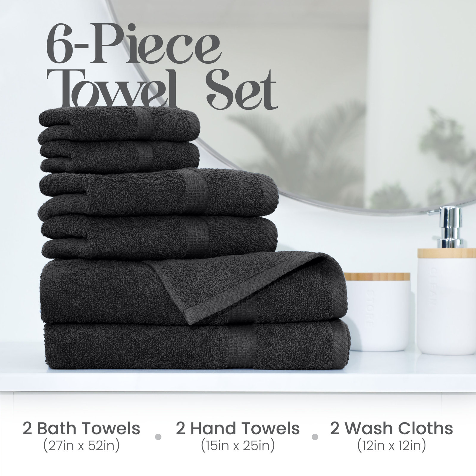 Essentials 6-Piece Bath Towel Set, Midnight Black