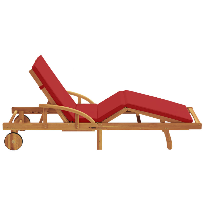 Sun Lounger Reclining Solid Acacia Wood Outdoor Seating Patio Chair, Red