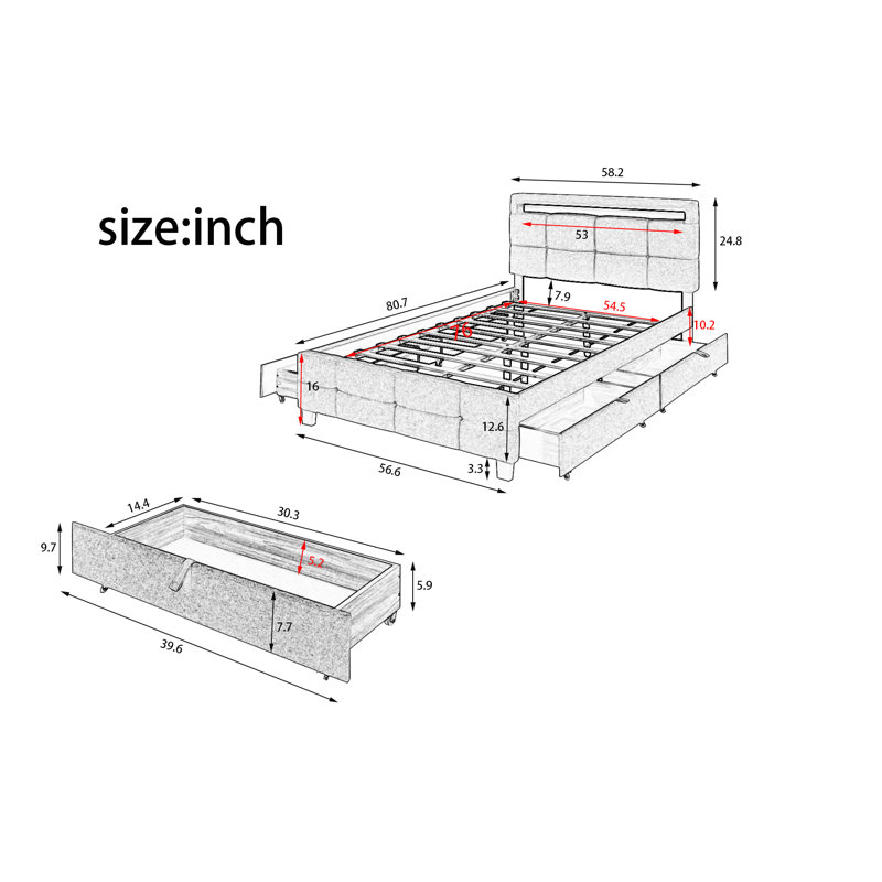 Lit plateforme tapissier avec rangement Duffey, Double, gris