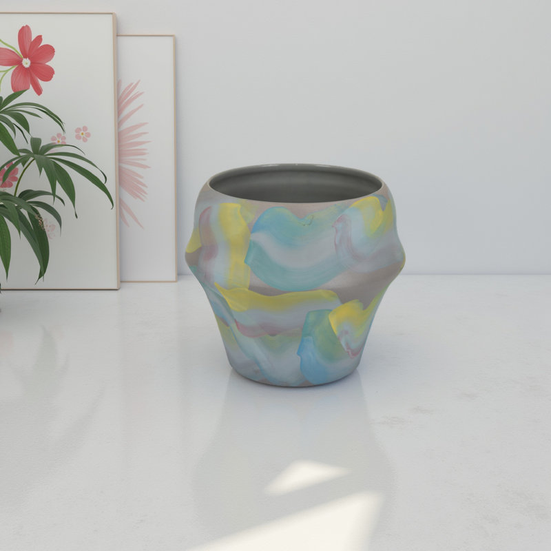 Vase décoratif en céramique, motif coups de pinceau bleu et jaune, 10 pouces