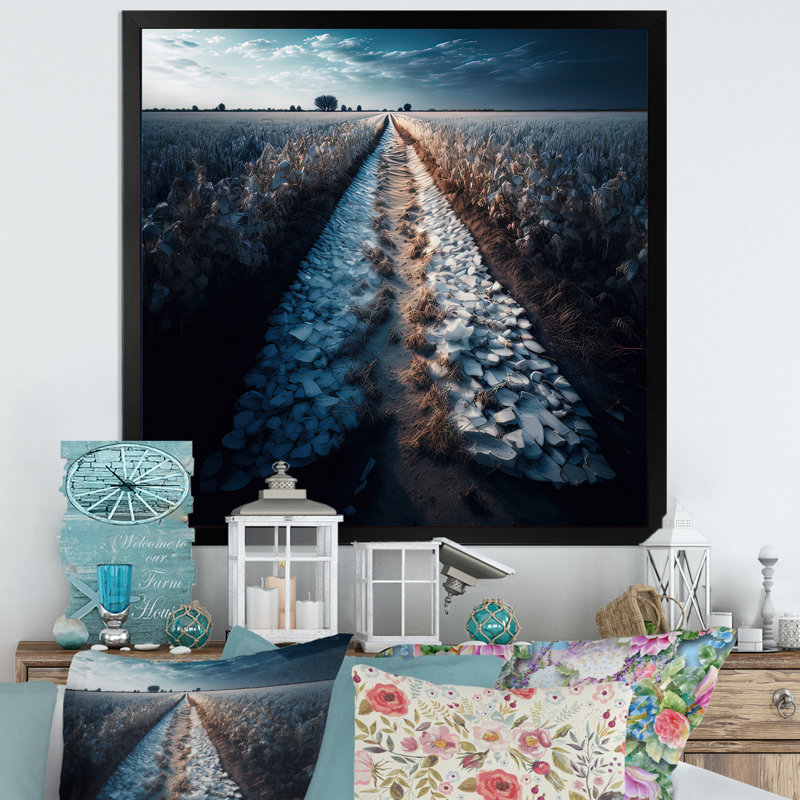 Sentier au milieu d'un champ II - impression sur toile, H 36 po x l 36 po x P 1,5 po, Impression noire sur toile encadrée