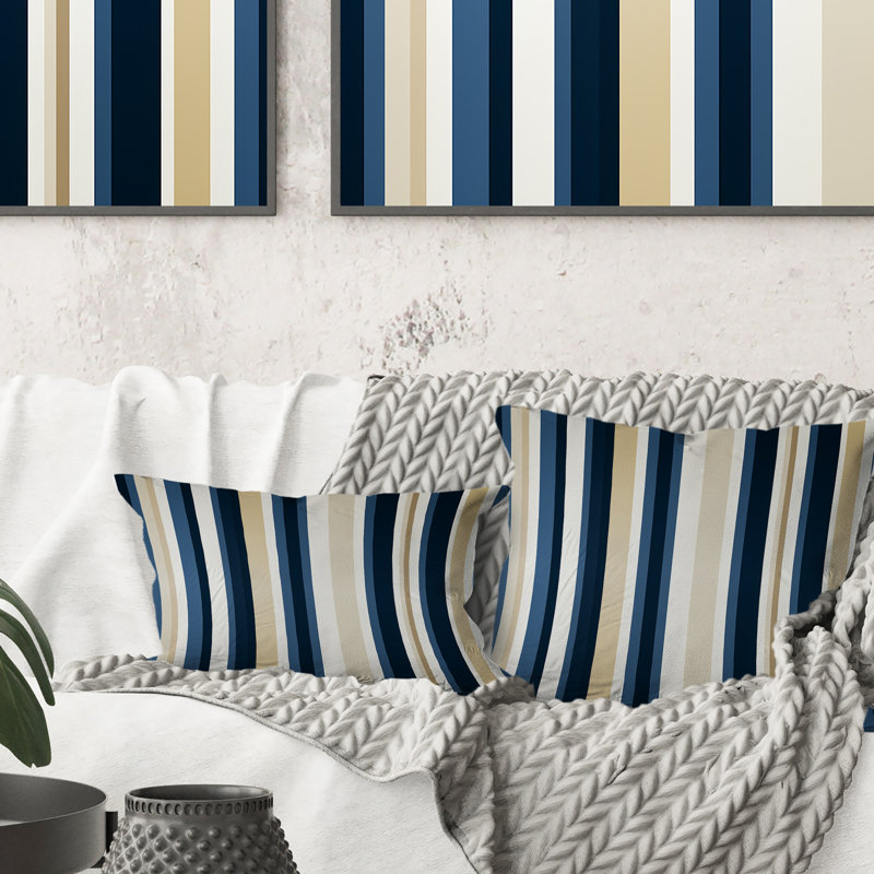Élégant motif rayé classique beige et bleu - Coussin décoratif à rayures, H 18 po x l 18 po