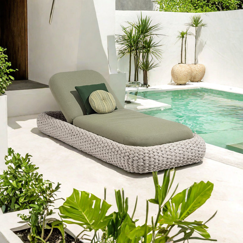 Chaise longue d'extérieur avec corde tissée et chaise longue Aluminu, Vert, Gris