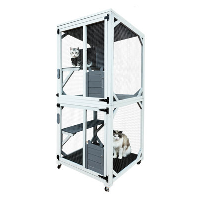 30.7" Wooden Outdoor - Cat Enclosure With Napping House, 4 Platforms, Waterproof Asphalt Roof & Sliding Door Opening Cage Convenience Factor